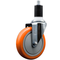 Service Caster 1-1/2 inch expanding stem swivel caster with a 5 inch orange polyurethane wheel. Featuring a zinc plated finish, these casters are ideal for work tables, shop projects, and any equipment with round or square tube legs.