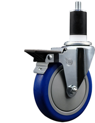 Service Caster swivel caster with a 5 inch Blue polyurethane wheel. Featuring a zinc plated finish, these casters are ideal for work tables, shop projects, and any equipment with round or square tube legs.