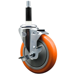 Service Caster 7/8 inch expanding stem swivel caster with a 5 inch orange polyurethane wheel and a brake. Featuring a zinc plated finish, these casters are ideal for work tables, shop projects, and any equipment with round or square tube legs.