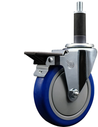 Service Caster swivel caster with a 5 inch Blue polyurethane wheel. Featuring a zinc plated finish, these casters are ideal for work tables, shop projects, and any equipment with round or square tube legs.