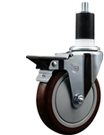 Service Caster swivel caster with a 5 inch Maroon polyurethane wheel. Featuring a zinc plated finish, these casters are ideal for work tables, shop projects, and any equipment with round or square tube legs.