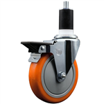 Service Caster 1-1/2 inch expanding stem swivel caster with a 5 inch orange polyurethane wheel and a posi lock brake. Featuring a zinc finish, these casters are ideal for work tables, shop projects, and any equipment with round or square tube legs.