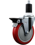 Service Caster swivel caster with a 5 inch Red polyurethane wheel. Featuring a zinc plated finish, these casters are ideal for work tables, shop projects, and any equipment with round or square tube legs.