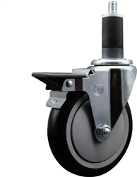 Service Caster swivel caster with a 5 inch Black polyurethane wheel. Featuring a zinc plated finish, these casters are ideal for work tables, shop projects, and any equipment with round or square tube legs.