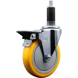 Service Caster 1-1/8 inch expanding stem swivel caster with a 5 inch yellow polyurethane wheel and a posi lock brake. Featuring a zinc finish, these casters are ideal for work tables, shop projects, and any equipment with round or square tube legs.