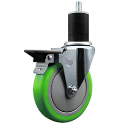 Service Caster 1-3/4 inch expanding stem swivel caster with a 5 inch green polyurethane wheel and a posi lock brake. Featuring a zinc finish, these casters are ideal for work tables, shop projects, and any equipment with round or square tube legs.