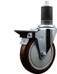 Service Caster swivel caster with a 5 inch Maroon polyurethane wheel. Featuring a zinc plated finish, these casters are ideal for work tables, shop projects, and any equipment with round or square tube legs.