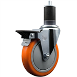 Service Caster 1-5/8 inch expanding stem swivel caster with a 5 inch orange polyurethane wheel and a posi lock brake. Featuring a zinc finish, these casters are ideal for work tables, shop projects, and any equipment with round or square tube legs.