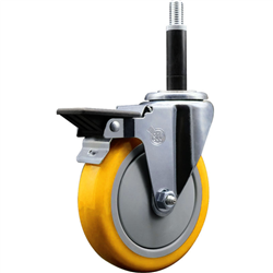 Service Caster 3/4 inch expanding stem swivel caster with a 5 inch yellow polyurethane wheel and a posi lock brake. Featuring a zinc finish, these casters are ideal for work tables, shop projects, and any equipment with round or square tube legs.