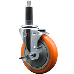 Service Caster 1 inch expanding stem swivel caster with a 5 inch orange polyurethane wheel and a brake. Featuring a zinc plated finish, these casters are ideal for work tables, shop projects, and any equipment with round or square tube legs.