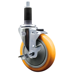 Service Caster 1-1/8 inch expanding stem swivel caster with a 5 inch yellow polyurethane wheel and a brake. Featuring a zinc plated finish, these casters are ideal for work tables, shop projects, and any equipment with round or square tube legs.