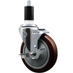 Service Caster 1-3/8 inch expanding stem swivel caster with a 5 inch maroon polyurethane wheel and a brake. Featuring a zinc plated finish, these casters are ideal for work tables, shop projects, and any equipment with round or square tube legs.