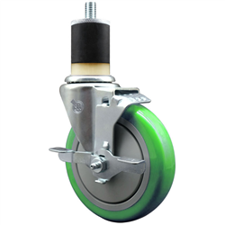 Service Caster 1-7/8 inch expanding stem swivel caster with a 5 inch green polyurethane wheel and a brake. Featuring a zinc plated finish, these casters are ideal for work tables, shop projects, and any equipment with round or square tube legs.