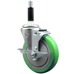 Service Caster 7/8 inch expanding stem swivel caster with a 5 inch green polyurethane wheel and a brake. Featuring a zinc plated finish, these casters are ideal for work tables, shop projects, and any equipment with round or square tube legs.