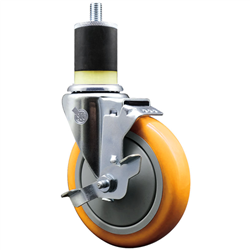 Service Caster 1-7/8 inch expanding stem swivel caster with a 5 inch yellow polyurethane wheel and a brake. Featuring a zinc plated finish, these casters are ideal for work tables, shop projects, and any equipment with round or square tube legs.