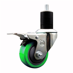 Service Caster 1-3/4 inch expanding stem swivel caster with a 3 inch green polyurethane wheel and a total lock brake. Featuring a zinc finish, these casters are ideal for work tables, shop projects, and any equipment with round or square tube legs.