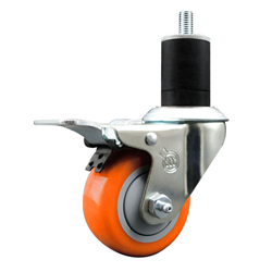 Service Caster 1-3/4 inch expanding stem swivel caster with a 3 inch orange polyurethane wheel and a total lock brake. Featuring a zinc finish, these casters are ideal for work tables, shop projects, and any equipment with round or square tube legs.