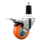 Service Caster 1-3/8 inch expanding stem swivel caster with a 3 inch orange polyurethane wheel and a total lock brake. Featuring a zinc finish, these casters are ideal for work tables, shop projects, and any equipment with round or square tube legs.