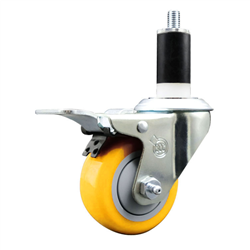 Service Caster 1-3/8 inch expanding stem swivel caster with a 3 inch yellow polyurethane wheel and a total lock brake. Featuring a zinc finish, these casters are ideal for work tables, shop projects, and any equipment with round or square tube legs.