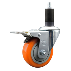 Service Caster 1-1/4 inch expanding stem swivel caster with a 3-1/2 inch orange polyurethane wheel and a total lock brake. Featuring a zinc finish, these casters are ideal for work tables, shop projects, and any equipment with round or square tube legs.