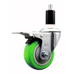 Service Caster 1-3/8 inch expanding stem swivel caster with a 3-1/2 inch green polyurethane wheel and a total lock brake. Featuring a zinc finish, these casters are ideal for work tables, shop projects, and any equipment with round or square tube legs.