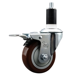 Service Caster 1-3/8 inch expanding stem swivel caster with a 3-1/2 inch maroon polyurethane wheel and a total lock brake. Featuring a zinc finish, these casters are ideal for work tables, shop projects, and any equipment with round or square tube legs.