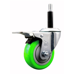 Service Caster 3/4 inch expanding stem swivel caster with a 3-1/2 inch green polyurethane wheel and a total lock brake. Featuring a zinc finish, these casters are ideal for work tables, shop projects, and any equipment with round or square tube legs.