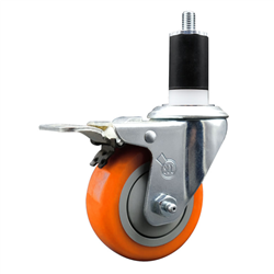 Service Caster 1-1/2 inch expanding stem swivel caster with a 3-1/2 inch orange polyurethane wheel and a total lock brake. Featuring a zinc finish, these casters are ideal for work tables, shop projects, and any equipment with round or square tube legs.