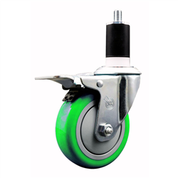 Service Caster 1-1/2 inch expanding stem swivel caster with a 4 inch green polyurethane wheel and a total lock brake. Featuring a zinc finish, these casters are ideal for work tables, shop projects, and any equipment with round or square tube legs.