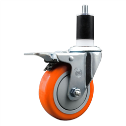 Service Caster 1-1/2 inch expanding stem swivel caster with a 4 inch orange polyurethane wheel and a total lock brake. Featuring a zinc finish, these casters are ideal for work tables, shop projects, and any equipment with round or square tube legs.