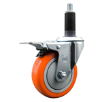 Service Caster 1-1/8 inch expanding stem swivel caster with a 4 inch orange polyurethane wheel and a total lock brake. Featuring a zinc finish, these casters are ideal for work tables, shop projects, and any equipment with round or square tube legs.