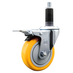 Service Caster 1-1/8 inch expanding stem swivel caster with a 4 inch yellow polyurethane wheel and a total lock brake. Featuring a zinc finish, these casters are ideal for work tables, shop projects, and any equipment with round or square tube legs.