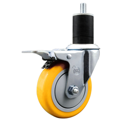 Service Caster 1-3/4 inch expanding stem swivel caster with a 4 inch yellow polyurethane wheel and a total lock brake. Featuring a zinc finish, these casters are ideal for work tables, shop projects, and any equipment with round or square tube legs.