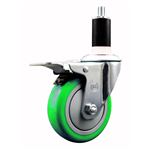 Service Caster 1-3/8 inch expanding stem swivel caster with a 4 inch green polyurethane wheel and a total lock brake. Featuring a zinc finish, these casters are ideal for work tables, shop projects, and any equipment with round or square tube legs.