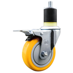 Service Caster 1-7/8 inch expanding stem swivel caster with a 4 inch yellow polyurethane wheel and a total lock brake. Featuring a zinc finish, these casters are ideal for work tables, shop projects, and any equipment with round or square tube legs.