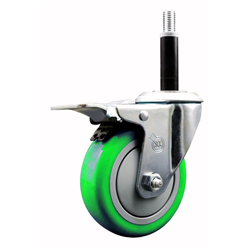 Service Caster 3/4 inch expanding stem swivel caster with a 4 inch green polyurethane wheel and a total lock brake. Featuring a zinc finish, these casters are ideal for work tables, shop projects, and any equipment with round or square tube legs.