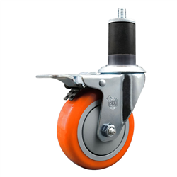 Service Caster 1-5/8 inch expanding stem swivel caster with a 4 inch orange polyurethane wheel and a total lock brake. Featuring a zinc finish, these casters are ideal for work tables, shop projects, and any equipment with round or square tube legs.