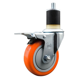 Service Caster 1-7/8 inch expanding stem swivel caster with a 4 inch orange polyurethane wheel and a total lock brake. Featuring a zinc finish, these casters are ideal for work tables, shop projects, and any equipment with round or square tube legs.