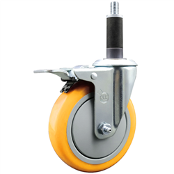 Service Caster 1 inch expanding stem swivel caster with a 5 inch yellow polyurethane wheel and a total lock brake. Featuring a zinc finish, these casters are ideal for work tables, shop projects, and any equipment with round or square tube legs.