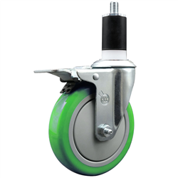 Service Caster 1-1/2 inch expanding stem swivel caster with a 5 inch green polyurethane wheel and a total lock brake. Featuring a zinc finish, these casters are ideal for work tables, shop projects, and any equipment with round or square tube legs.