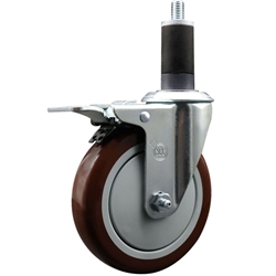 Service Caster 1-1/4 inch expanding stem swivel caster with a 5 inch maroon polyurethane wheel and a total lock brake. Featuring a zinc finish, these casters are ideal for work tables, shop projects, and any equipment with round or square tube legs.