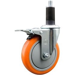 Service Caster 1-1/4 inch expanding stem swivel caster with a 5 inch orange polyurethane wheel and a total lock brake. Featuring a zinc finish, these casters are ideal for work tables, shop projects, and any equipment with round or square tube legs.