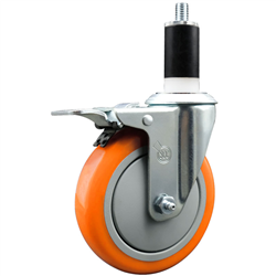 Service Caster 1-3/8 inch expanding stem swivel caster with a 5 inch orange polyurethane wheel and a total lock brake. Featuring a zinc finish, these casters are ideal for work tables, shop projects, and any equipment with round or square tube legs.