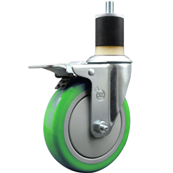 Service Caster 1-7/8 inch expanding stem swivel caster with a 5 inch green polyurethane wheel and a total lock brake. Featuring a zinc finish, these casters are ideal for work tables, shop projects, and any equipment with round or square tube legs.