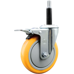 Service Caster 3/4 inch expanding stem swivel caster with a 5 inch yellow polyurethane wheel and a total lock brake. Featuring a zinc finish, these casters are ideal for work tables, shop projects, and any equipment with round or square tube legs.