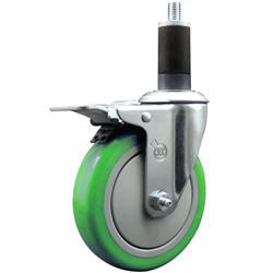 Service Caster 1-1/4 inch expanding stem swivel caster with a 5 inch green polyurethane wheel and a total lock brake. Featuring a zinc finish, these casters are ideal for work tables, shop projects, and any equipment with round or square tube legs.