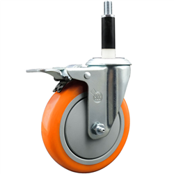 Service Caster 7/8 inch expanding stem swivel caster with a 5 inch orange polyurethane wheel and a total lock brake. Featuring a zinc finish, these casters are ideal for work tables, shop projects, and any equipment with round or square tube legs.