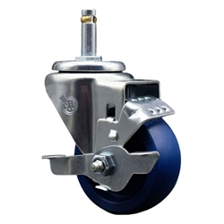 Service Caster #20 Series 7/16 inch grip ring stem swivel casters with 3 inch solid blue polyurethane wheel featuring top lock brake and zinc plated finish.