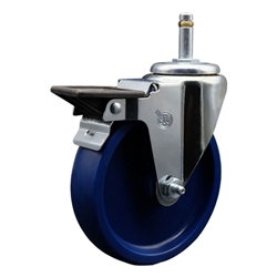 Service Caster #20 Series 7/16 inch grip ring stem swivel casters with 5 inch solid blue polyurethane wheel featuring posi lock brake and zinc plated finish.