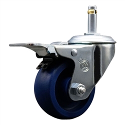 Service Caster #20 Series 7/16 inch grip ring stem swivel casters with 3 inch solid blue polyurethane wheel featuring total lock brake and zinc plated finish.